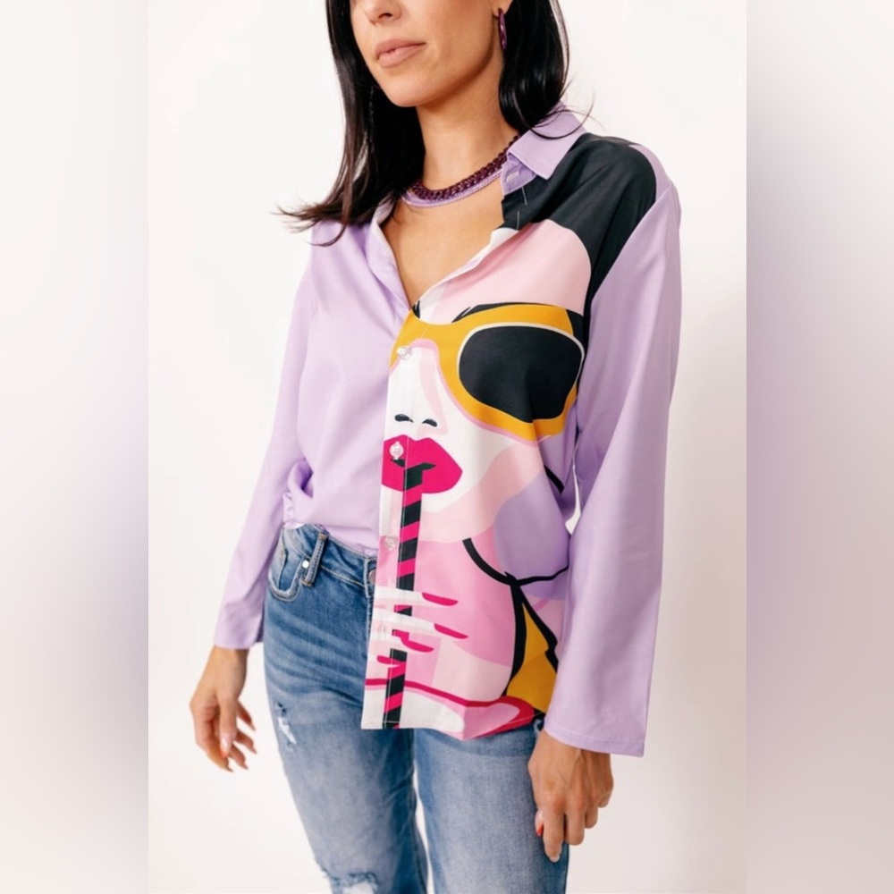 NWT Fashion Noma Chic Purple Graphic Lady Button Down Shirt Size Medium